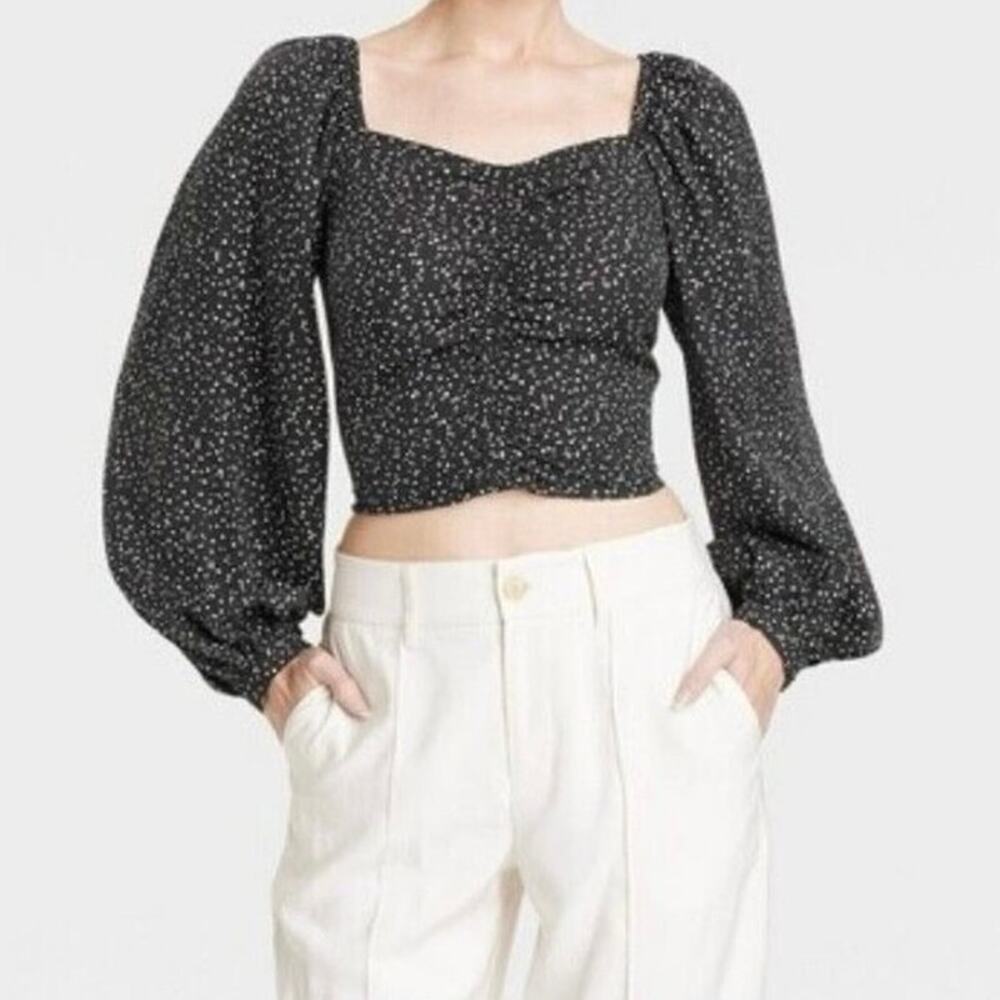 A New Day Boho Black White Balloon Sleeve Blouse Ruched Crop Top Size Medium